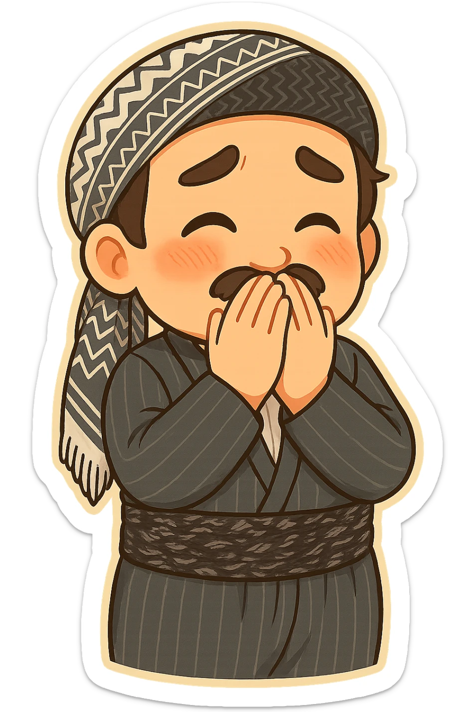 Cartoon sticker of a Kurdish man with the same clothes and scarf as the reference image, no changes to clothes or scarf, face showing a shy expression, hands in front of the mouth (hiding laughter or shyness), colorful and cheerful, no shadows or color halos around the image, no text, suitable for WhatsApp and Instagram, fully transparent background. sticker