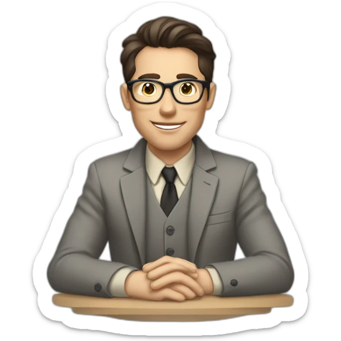 Pale skinned Fit Man With dark brown hair in gray jacket with emblem Ψ, beige office shirt and vintage glasses Sitting at the table sticker