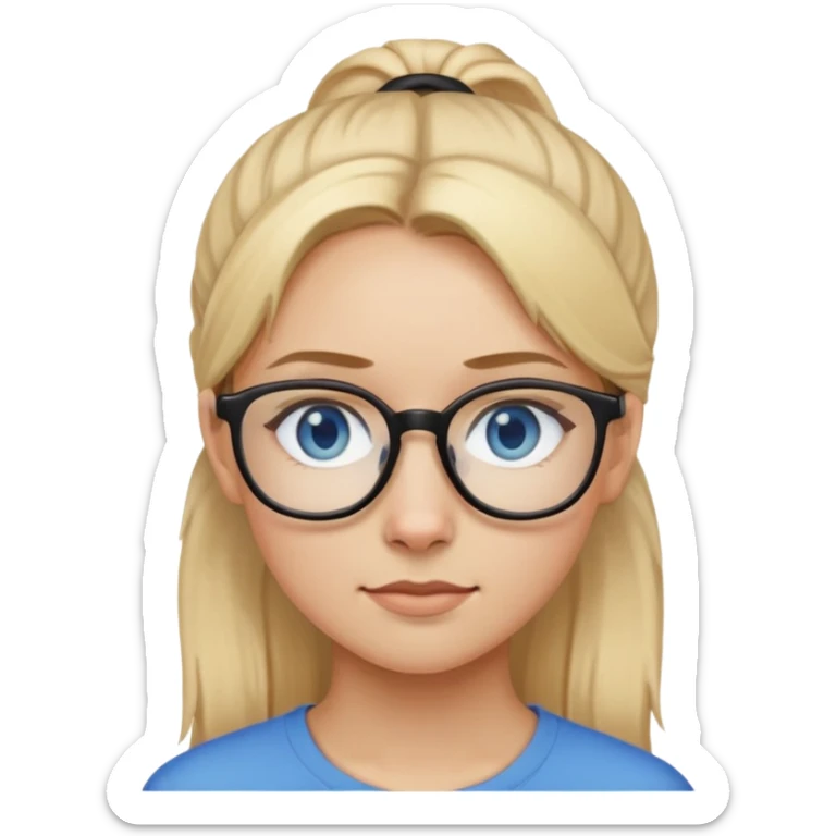 Girl with blonde ponytail blue eyes small nose small mouth and glasses with thin black frames sticker