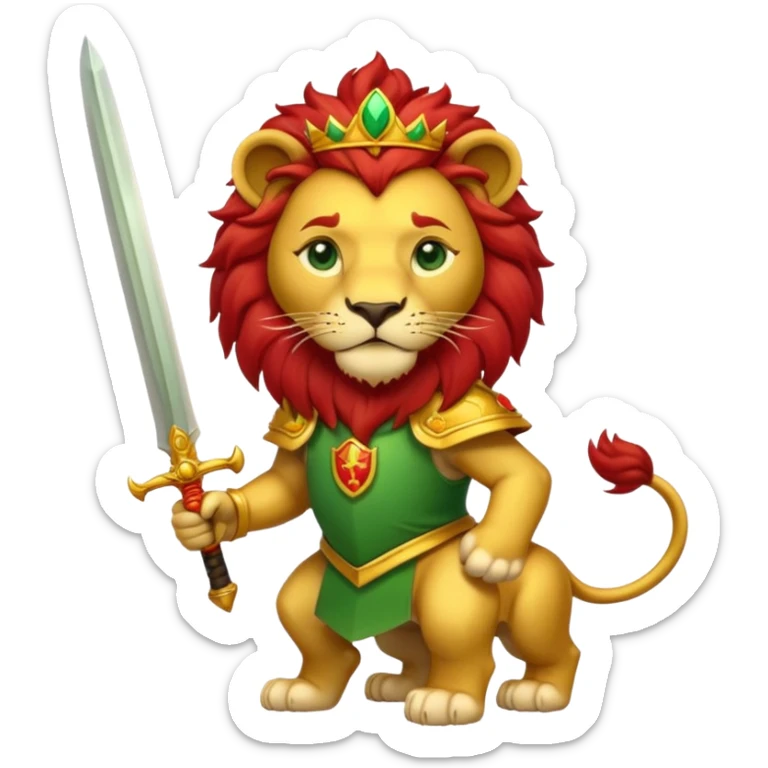 A lion with a sword and the sun on top of it and on the top green and bottom red sticker