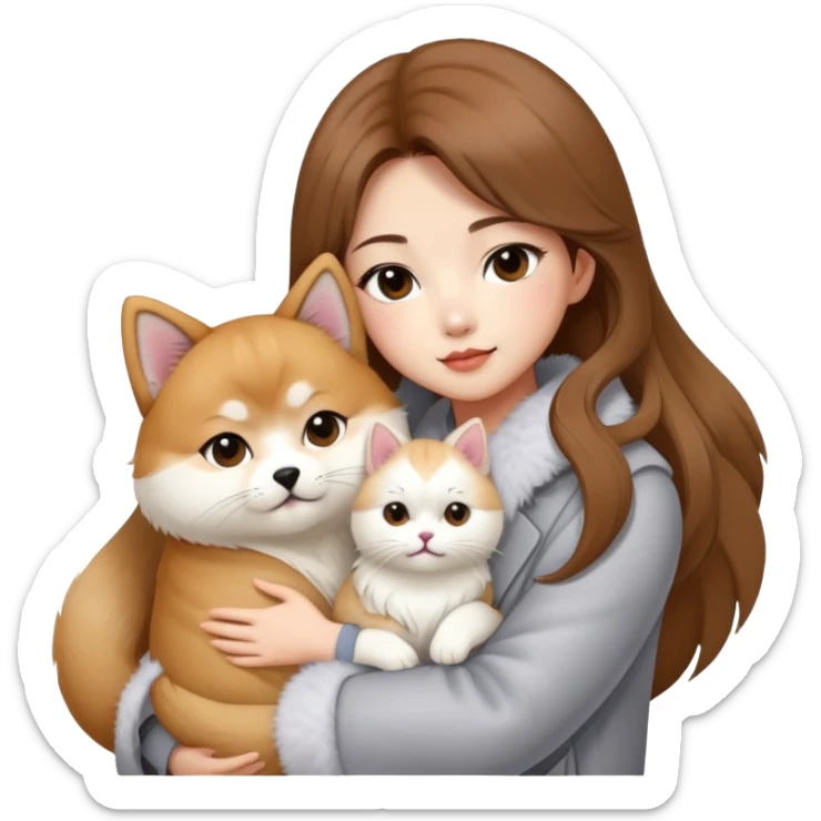 A Chinese fashion girl with brown hair, wearing a light gray fur coat, hugging a Shiba Inu and a long-haired white Persian cat. sticker