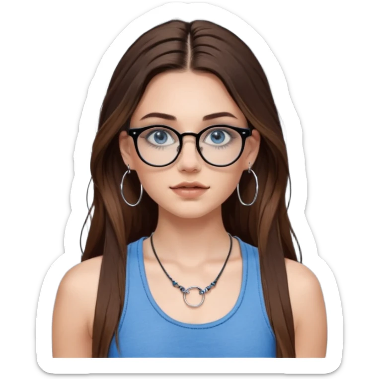 White girl with long brown hair, part going more to the RIGHT side, BLUE eyes, wearing BLACK plastic frame glasses that go from black to CLEAR ombré from top to bottom. SEPTUM nose piercing hoop, AND stud nose piercing on right side of nose. Wearing BLACK tank top. Wearing big hoop earrings  sticker