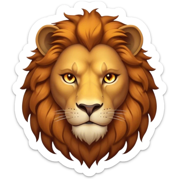Cinematic Noble Lion Portrait Emoji, Poised and regal, with a powerful, muscular build and a majestic, tawny mane, deep-set soulful amber eyes, Simplified yet sharp and sophisticated features, highly detailed, glowing with a warm, dignified glow, high shine, intelligent and fierce, stylized with an air of wild majesty, focused and attentive, soft glowing outline, capturing the essence of a watchful and confident king, so majestic it feels as though it could roar out of the screen with effortless authority! sticker