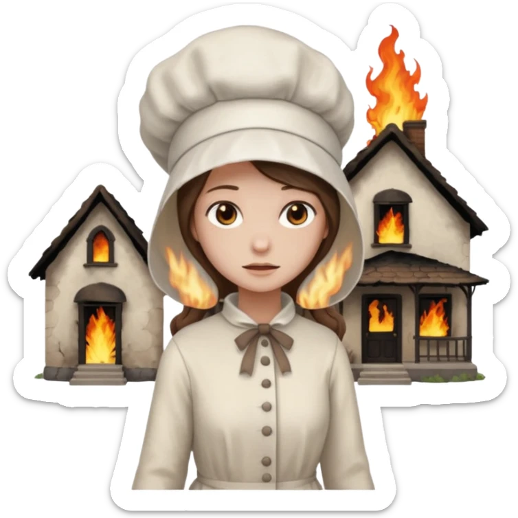 handmaids tale style woman burning house down walking away from house. shes wearing the nun hands maid tale hat cant see her face with brown hair  sticker