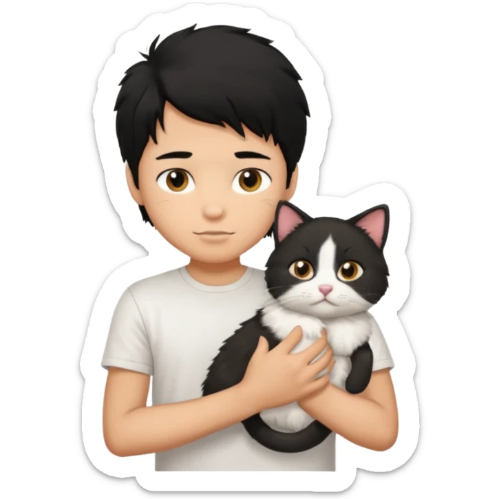generate a pretty bratz emoji of a boy with black hair wearing a white tshirt and holding a cat  sticker