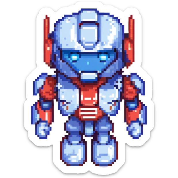 Optimus Prime as a robot emoji, blue and red color scheme, metallic details, heroic expression sticker