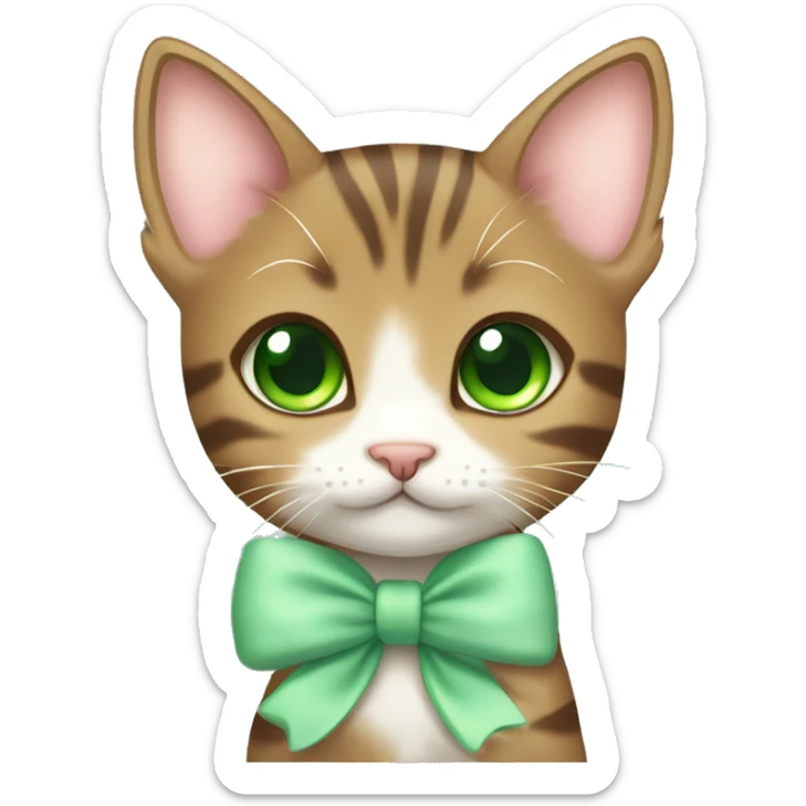 kawaii brown tabby kitten with green eyes and pastel green bow on ear sticker