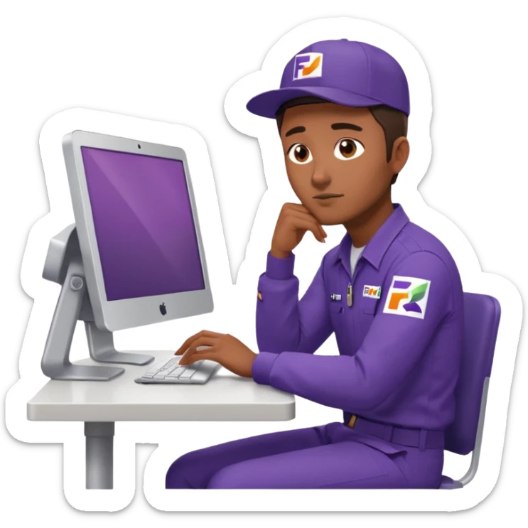 emoji of a man sitting at the table with an imac on it, a man is sitting in a very thoughtful pose, he has his hands on the table and his head resting on themб he look into the screen of imac, he is dressed in FedEx delivery uniform sticker