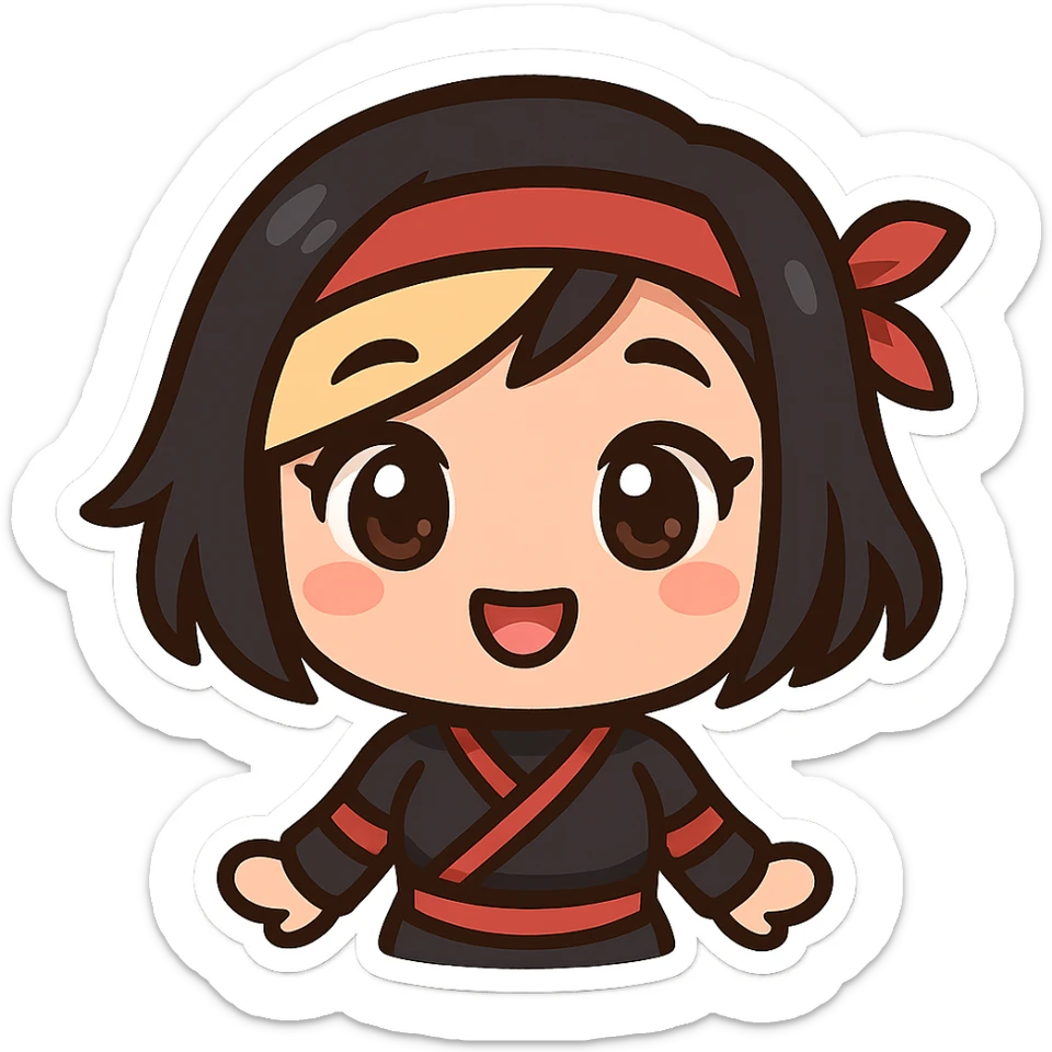 Super cute kawaii chibi style sexy ninja girl with black short hair and a blonde streak, only head and arms visible, big sparkling eyes, round face, soft colors, playful charm, bold outlines, transparent background, no mask, hand at side, smiling, sized for Twitch emoji use. sticker