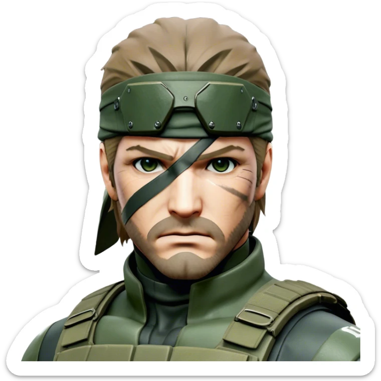 Cinematic Realistic Metal Gear Solid Snake Soldier Portrait, depicted with steely determination and tactical precision. Clad in intricately detailed combat attire in consistent muted greens, browns, and blacks, his rugged, weathered features and piercing eyes exude relentless resolve. Rendered with lifelike texture and dramatic, natural lighting, high shine, noble and stealthy, capturing the essence of a legendary soldier operating in the shadows. sticker