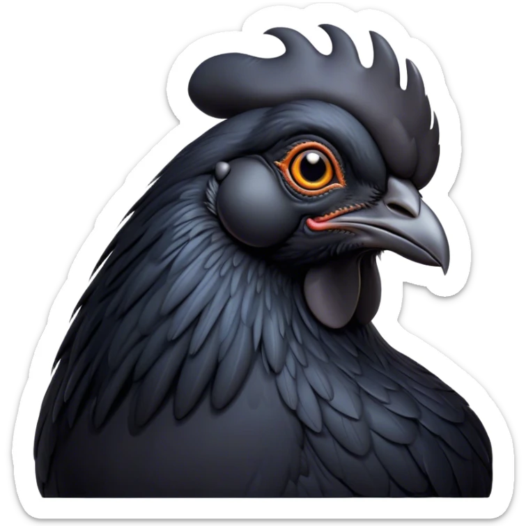 Cinematic Noble Black Chicken Portrait Emoji, Poised and regal, with a compact, sturdy build and a glossy, well-groomed pure black plumage, deep-set soulful beady eyes, Simplified yet sharp and sophisticated features, highly detailed, glowing with a soft, dignified glow, high shine, intelligent and alert, stylized with an air of mysterious elegance, focused and attentive, soft glowing outline, capturing the essence of a watchful and confident fowl, so majestic it feels as though it could strut out of the screen with effortless authority! sticker
