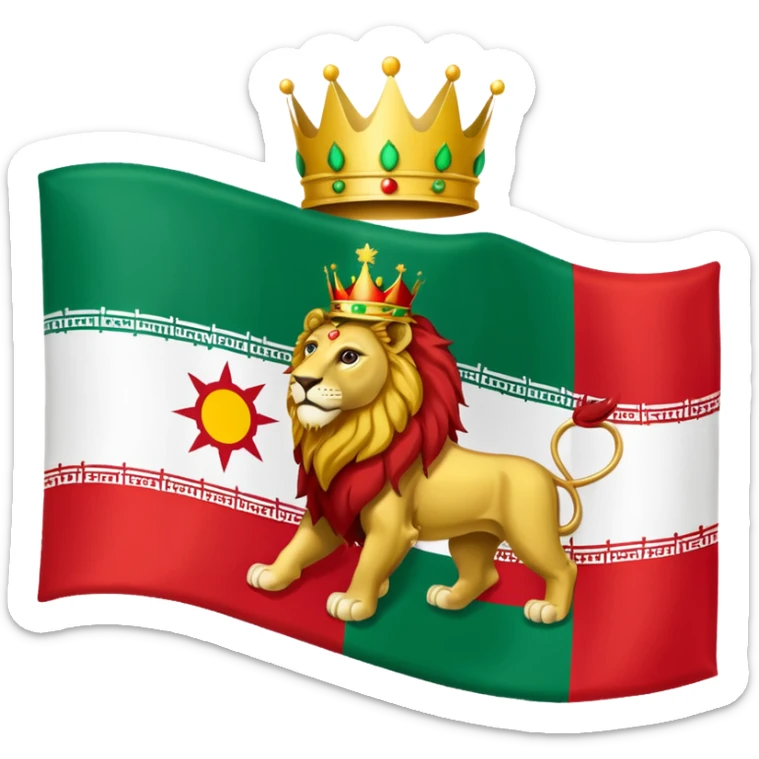 Please make me the flag of the lion and the sun with the crown of Iran, which is green from the top, white in the middle and red bottom. sticker
