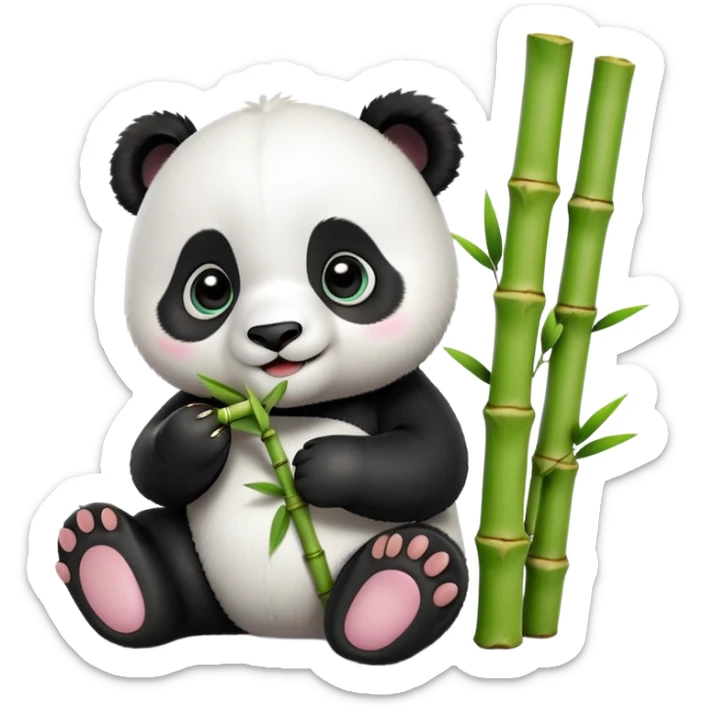 A 3D baby panda sitting and happily eating bamboo, big shiny eyes, cute and cartoonish style, soft lighting, high quality sticker