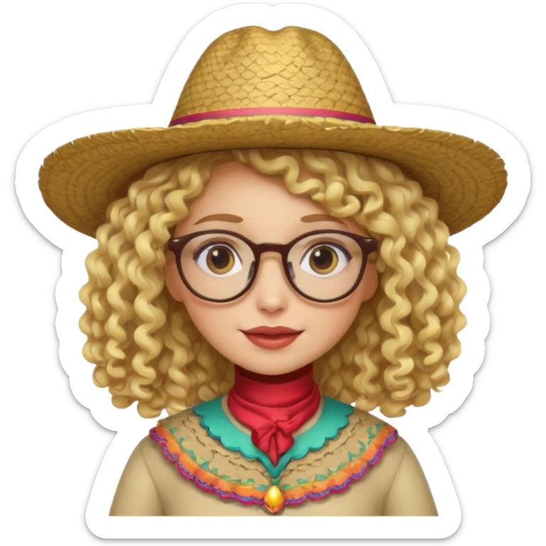 blonde girl with curly hair and glasses with a Mexican hat sticker