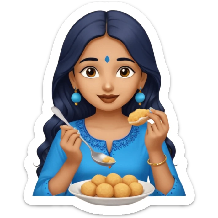 a pretty tan indian bratz girl. eyeliner on, wearing a blue kurti, eating golgappa. NO SPOON. wavy long black hair sticker