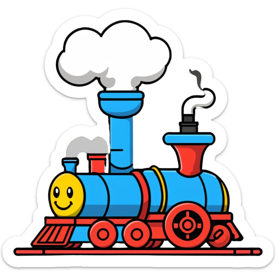 A cartoon toy train with a bright happy face and steam coming from its chimney sticker
