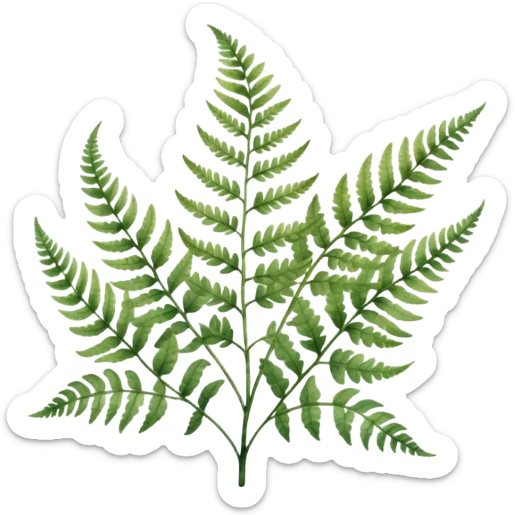 A close-up of a fern plant with intricate leaves, painted in soft watercolor greens with a subtle textured background.
 sticker