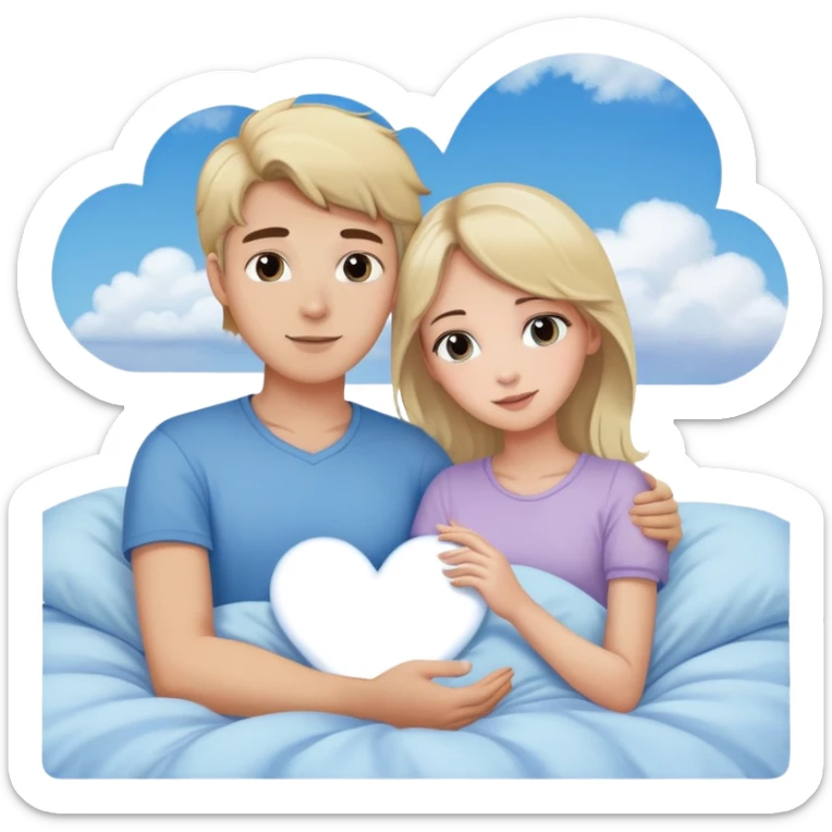 Sweet dreams a blonde man in a very  comfy bed with blue and Pastel clouds  and an delicate  with a brunette girl sending a heart elegant  sticker