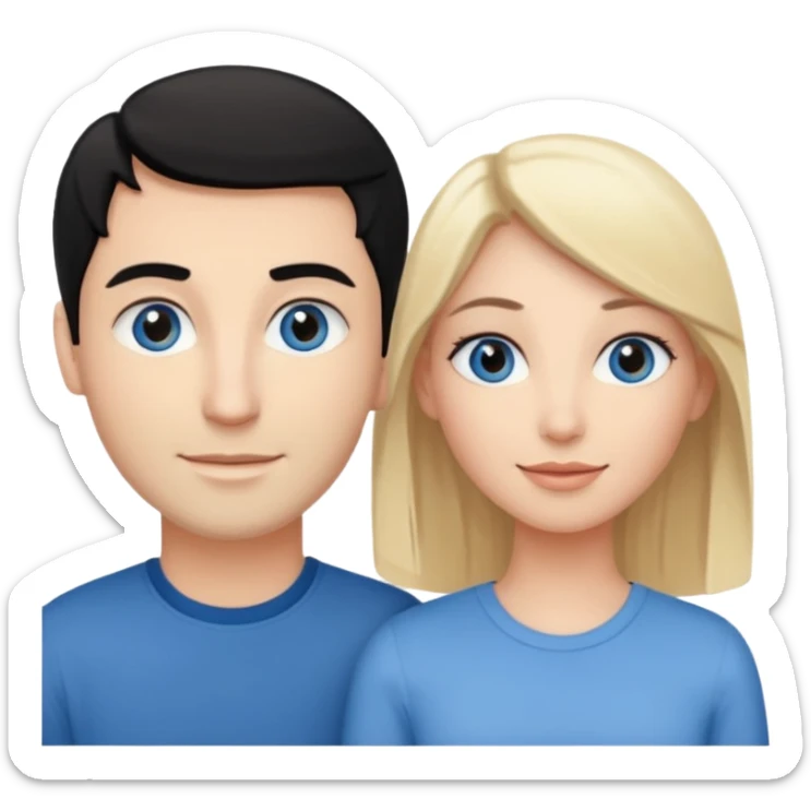 Blond woman with blue eyes on left. And a Man with black hair and grey eyecolor in the middle. And a blank woman with brown hair and grey eyes on the right. Happy together sticker