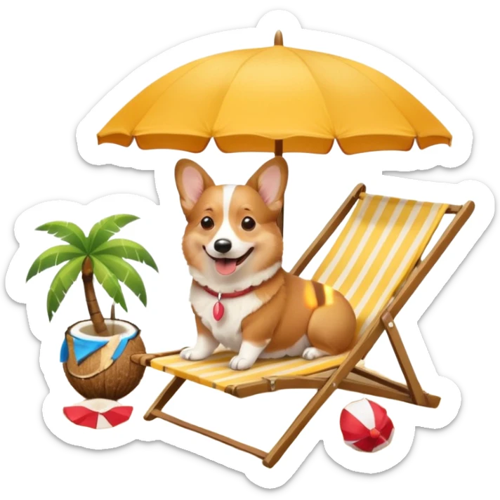 a corgi dog laied on a beach chair, a sunny beach, a sun umbrella, and beach coconut trees. the icon should capture the essence of a relaxing beach vacation with a carefree atmosphere sticker