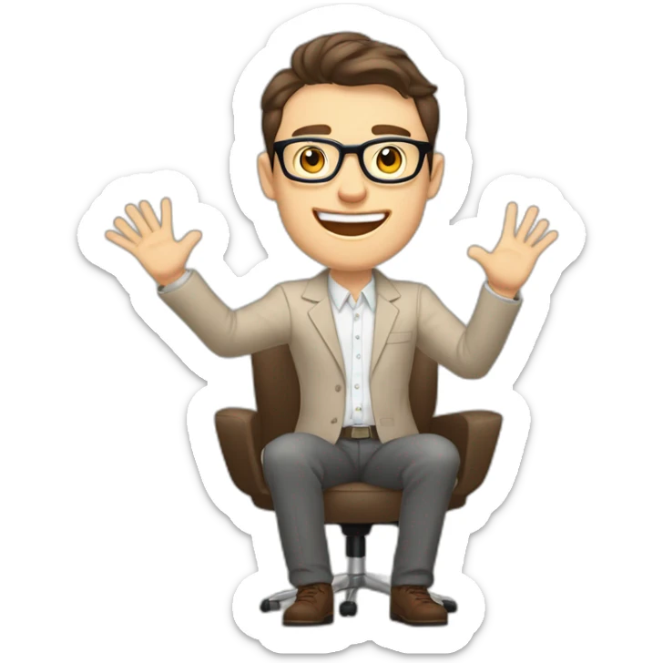 Joyful Celebrating victory Hands up Pale skinned Fit Man With dark brown hair in gray jacket, beige office shirt, Brown pants and vintage glasses sitting In a soft chair sticker