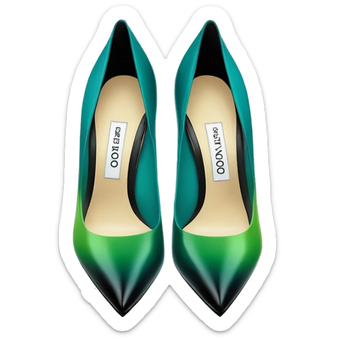 Realistic isolated top view of a pair of dark teal,lime green,black and emerald green ombre Jimmy Choo high heel shoes. sticker