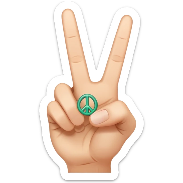 The hand shows the peace sign of the little finger and without mint fingers are the eyes, to the right of the hand the peace sign is rotated 45 degrees
Under these signs the letters peace sticker