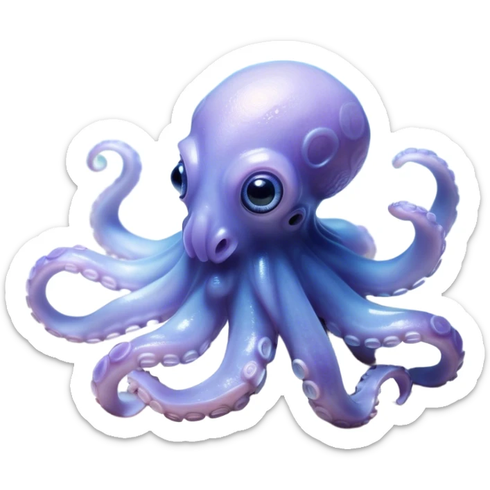 Cinematic Noble Baby Octopus Portrait Emoji, Poised and graceful, with a soft, rounded, slightly translucent body in a dreamy light blue-purple hue, large, glistening eyes full of quiet intelligence and mystery, delicate, flowing tentacles curling gently, Simplified yet sophisticated features, highly detailed, glowing with a soft, ethereal oceanic radiance, high shine, elegant and serene, stylized with an air of deep-sea wonder, focused and tranquil, soft glowing outline, capturing the essence of an otherworldly, intelligent little cephalopod, floating effortlessly in the gentle ocean currents! sticker