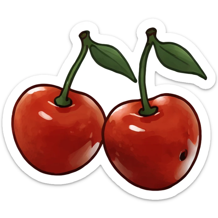 3D style two shiny red cherries hanging from a wooden branch with small green leaves sticker