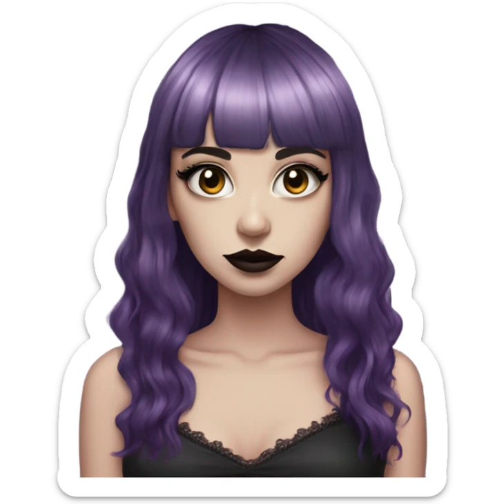 one single alt portrait women, purple hair medium, kinda long hair, short bangs, dark makeup, dark pink lips, gothic detailed slip dress, white skin  sticker