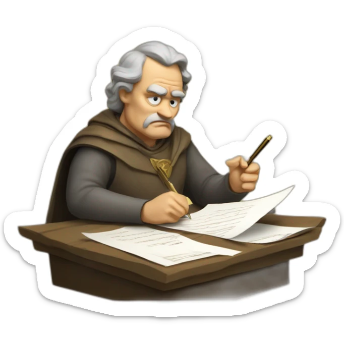 middle ages taxman, angry, writing on a paper, pile of gold sticker
