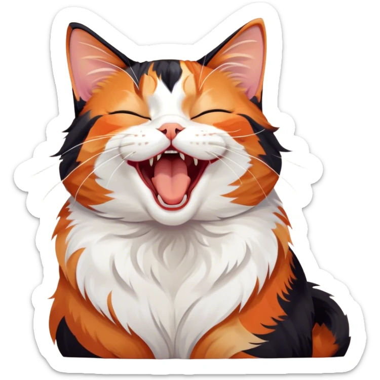 Cinematic Cute Yawning Calico Cat Portrait Emoji, Head tilted mid-yawn with a charming, relaxed expression, showcasing a soft patchwork fur of vibrant orange, black, and white, simplified yet irresistibly adorable, highly detailed, glowing with a cozy, gentle radiance, high shine, exuding sleepy yet endearing charm, styled with a soft glowing outline, capturing the essence of a calico cat caught in a delightful yawn that seems ready to cuddle up for a nap! sticker