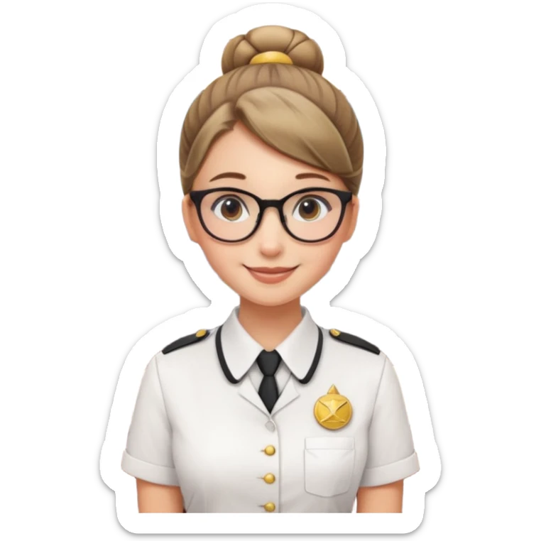Young girl, bun hair, wearing uniform of reception with hotel name badge, glasses, stand behind the desk

 sticker