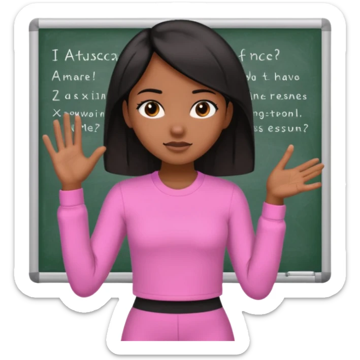 a brown skin teachers with hair that stop at elbpws girl with black straight like hair wearing pink not hot pink 2 piece set teaching up on a board sticker