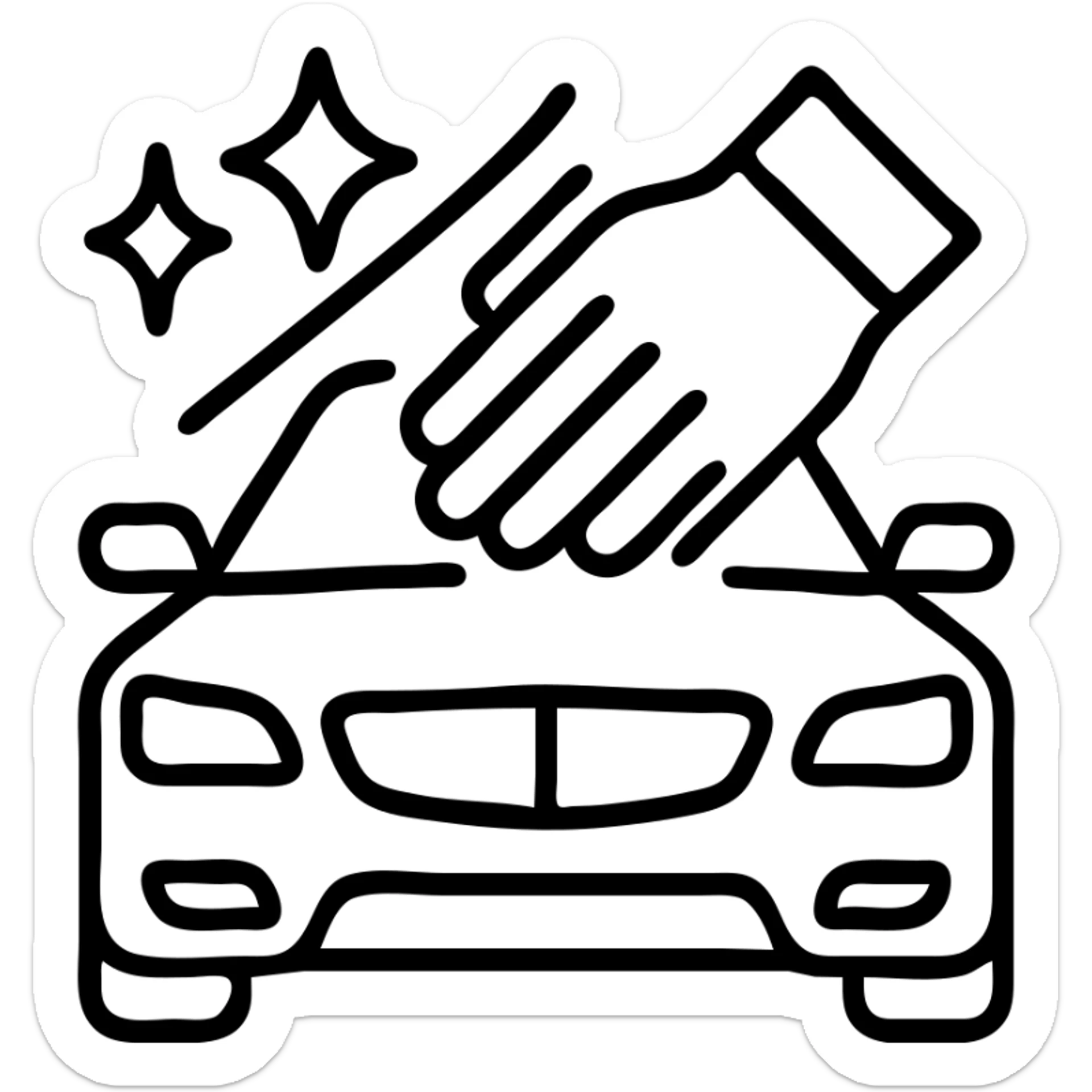 outlined icon of a gloved hand wearing a black glove on the hood of a luxury car, drops or sparkles, black as main color, white or silver accents, soft motion lines for cleaning, minimal and modern sticker
