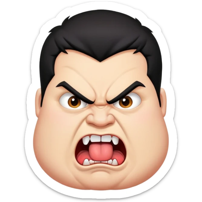 young angry fat man in profile view with black hair, fangs, crossed eyes, long tongue sticking out sticker