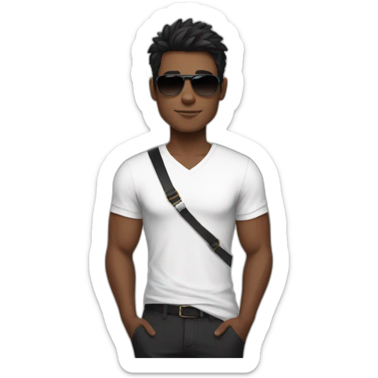 A Brown young fit man with a white shirt and sunglasses on his hair with black hair and a French flag in his hand sticker