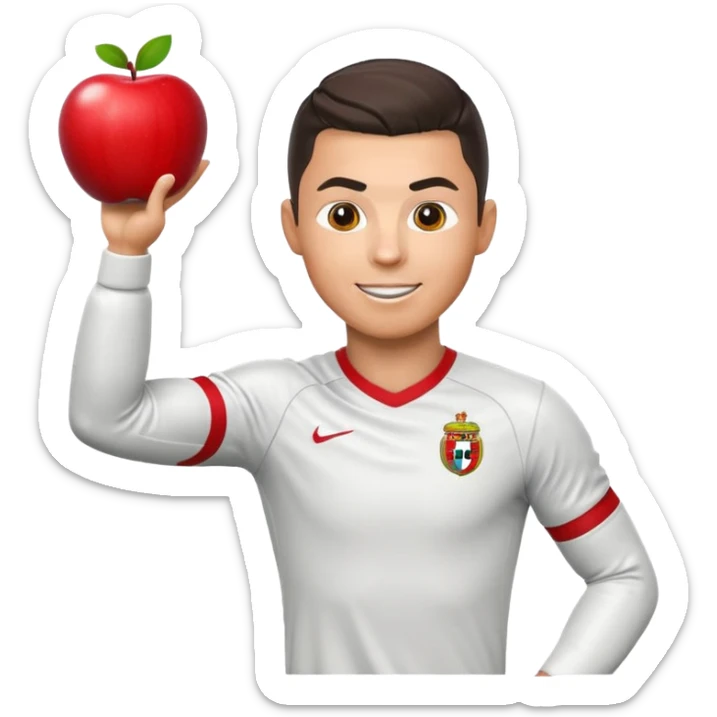 Cristiano Ronaldo as an apple-style emoji, doing his signature 'Siu' celebration, excited face, football kit sticker