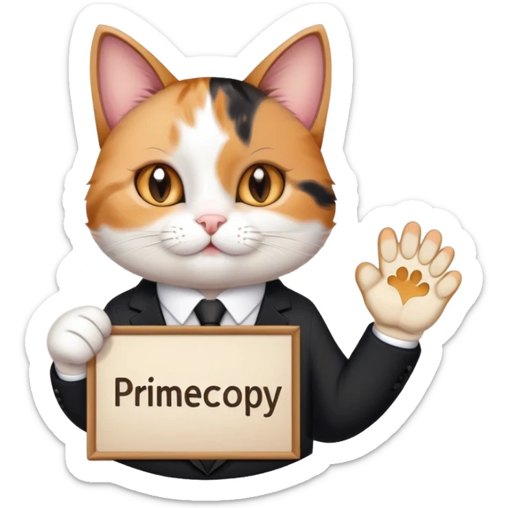A cat in a black business suit holds a sign with the inscription "PrimeCopy" with one paw and shows a like with the other paw sticker