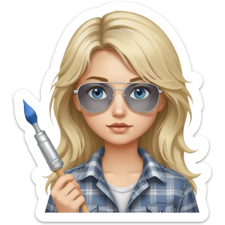 girl with long blond messy hair, wearing grey plaid shirt with blue eyes and aviator sunglasses wearing a ring on her silver necklace, holding a paint brush roller with a small bit of white paint on her face sticker