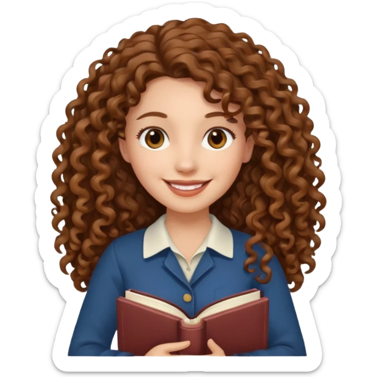 Long Hair Women with Book, Brown curly hair, happy

 sticker