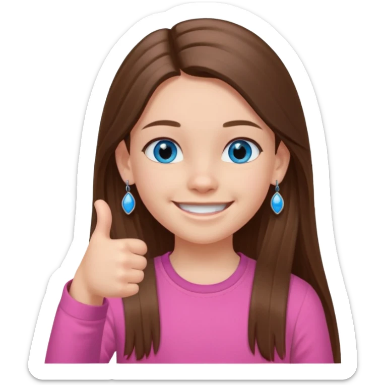 11 year old girl, blue eyes, brown long ish straight hair, smile and two thumbss up with earings and a pink shirt, and that you can see my whole body sticker