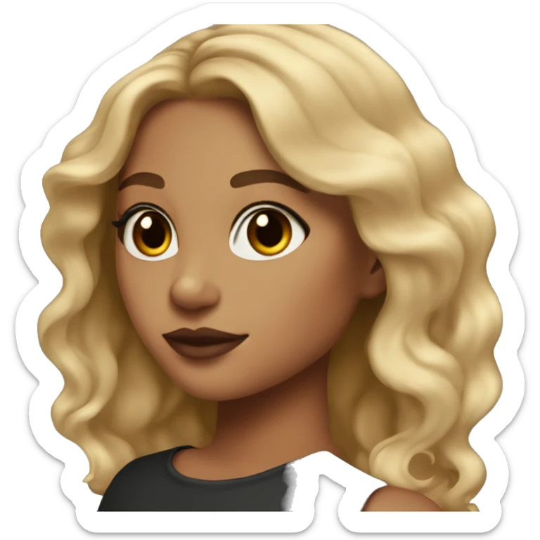 girl with tan skin, winged eyeliner, long dirty blonde wavy hair, and lipstick sticker