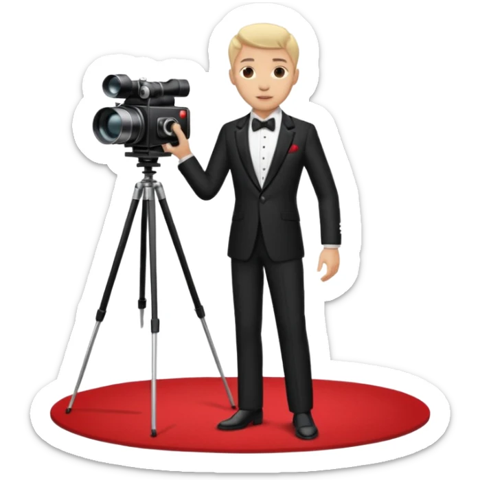 an actor standing on a red carpet with a formal tuxedo, with only one movie camera on a tripod next to him. sticker