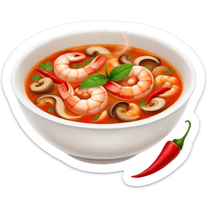 Cinematic Realistic Tom Yam Kung Soup Dish Emoji, showcasing a spicy, sour shrimp soup with herbs and mushrooms rendered with lifelike textures and bold, dynamic lighting. sticker