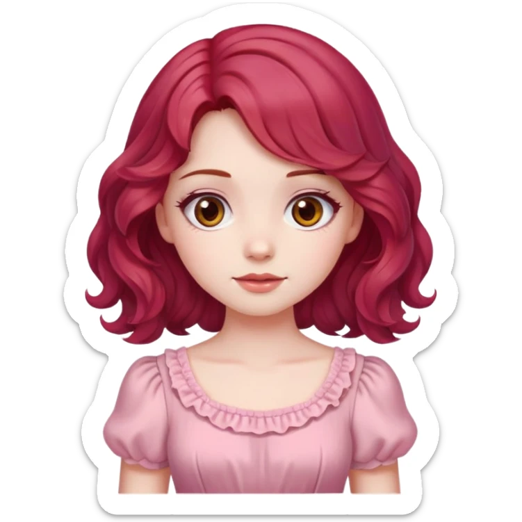 A pale girl with cherry red wavy hair and brown eyes, wearing a pink cute dress. sticker