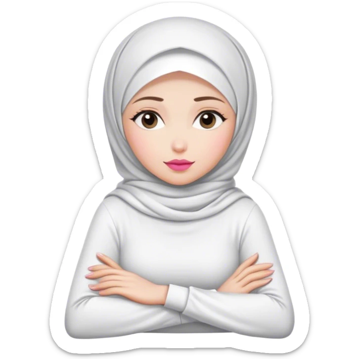 white hijab women are listening with her hands folded cross-over on the table. Her outfit is white. Her lips color is pink. sticker
