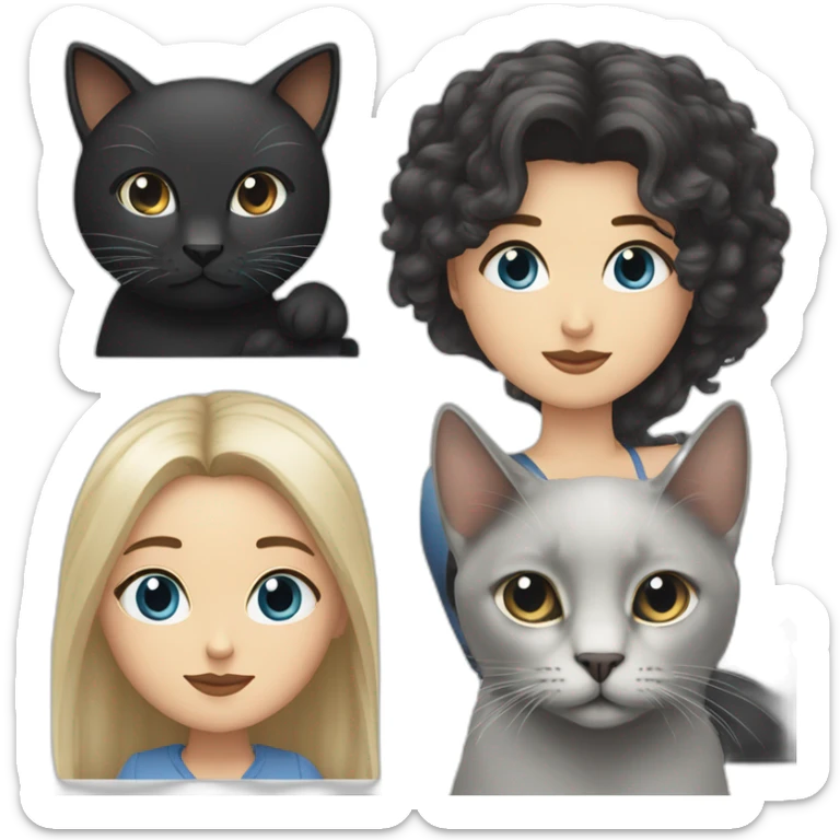 white female with blue-gray eyes and long hair with white male with dark long bob hair and brown eyes holding black cat sticker