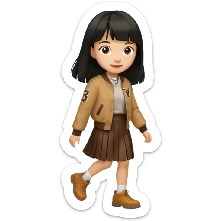 black color long hair with fringe, light skin long hair girl with brown varsity jacket and long skirt walking

 sticker