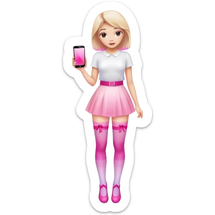 Cute girl character in stockings adjusting fashion accessory, pink gradient, glass effect, minimalist design sticker